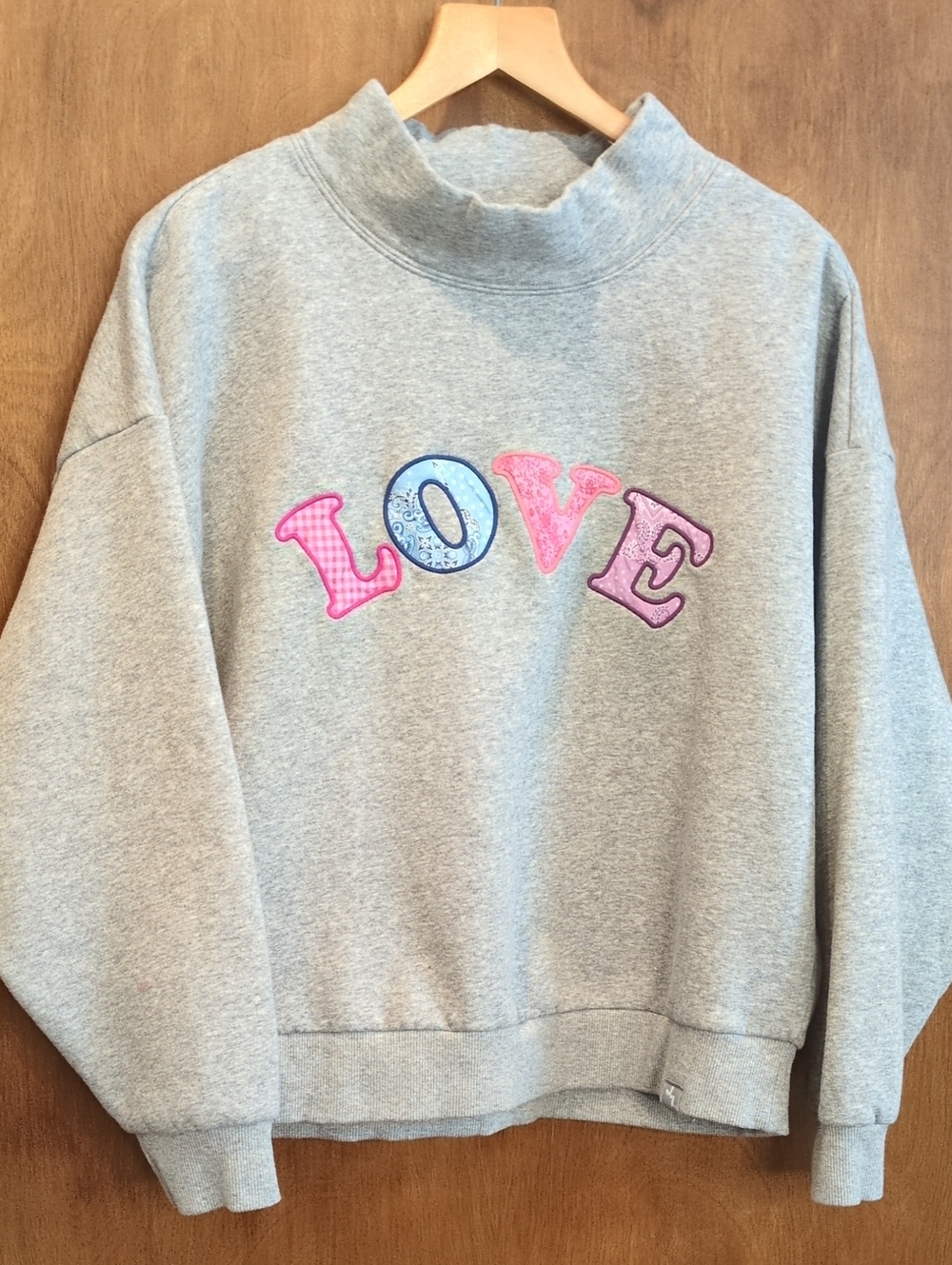 JoyLab Grey Mock Neck Sweatshirt with Pink & Blue 'LOVE' Appliqué